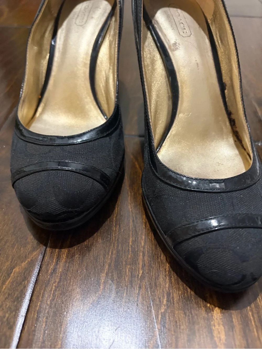 Coach Black Round-Toe Fabric & Patent Trim Heels